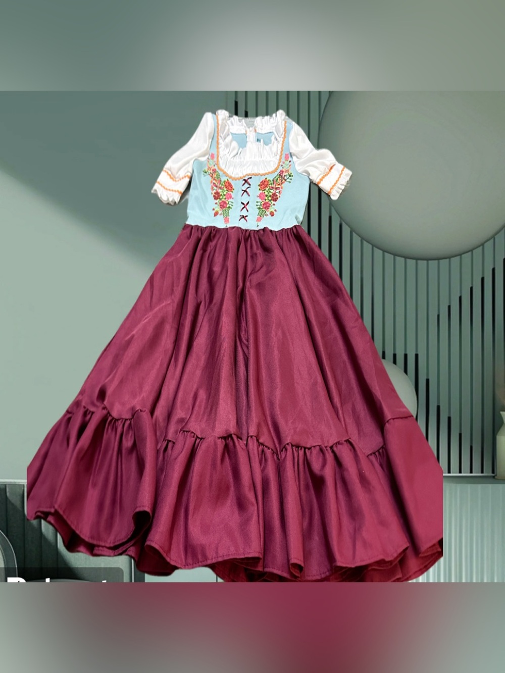 Girls' Floral Embroidered Peasant Costume Dress in Burgundy & Light Blue M